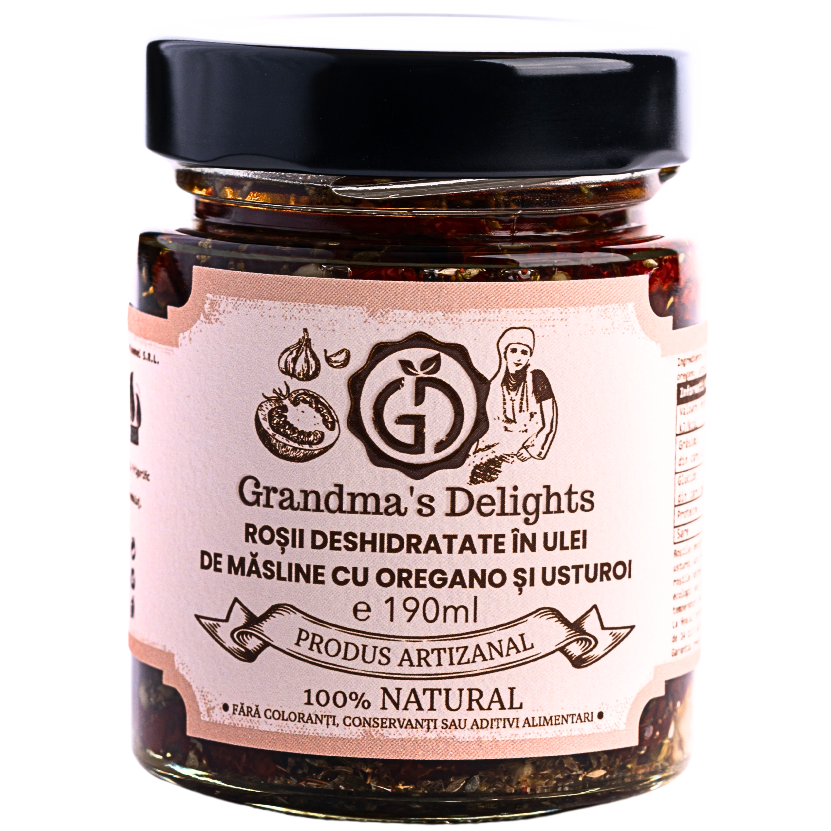 Roșii Deshidratate în Ulei De Măsline cu Oregano și Usturoi Grandma’s Delights, 100% Natural, Fără Conservanți 190ml